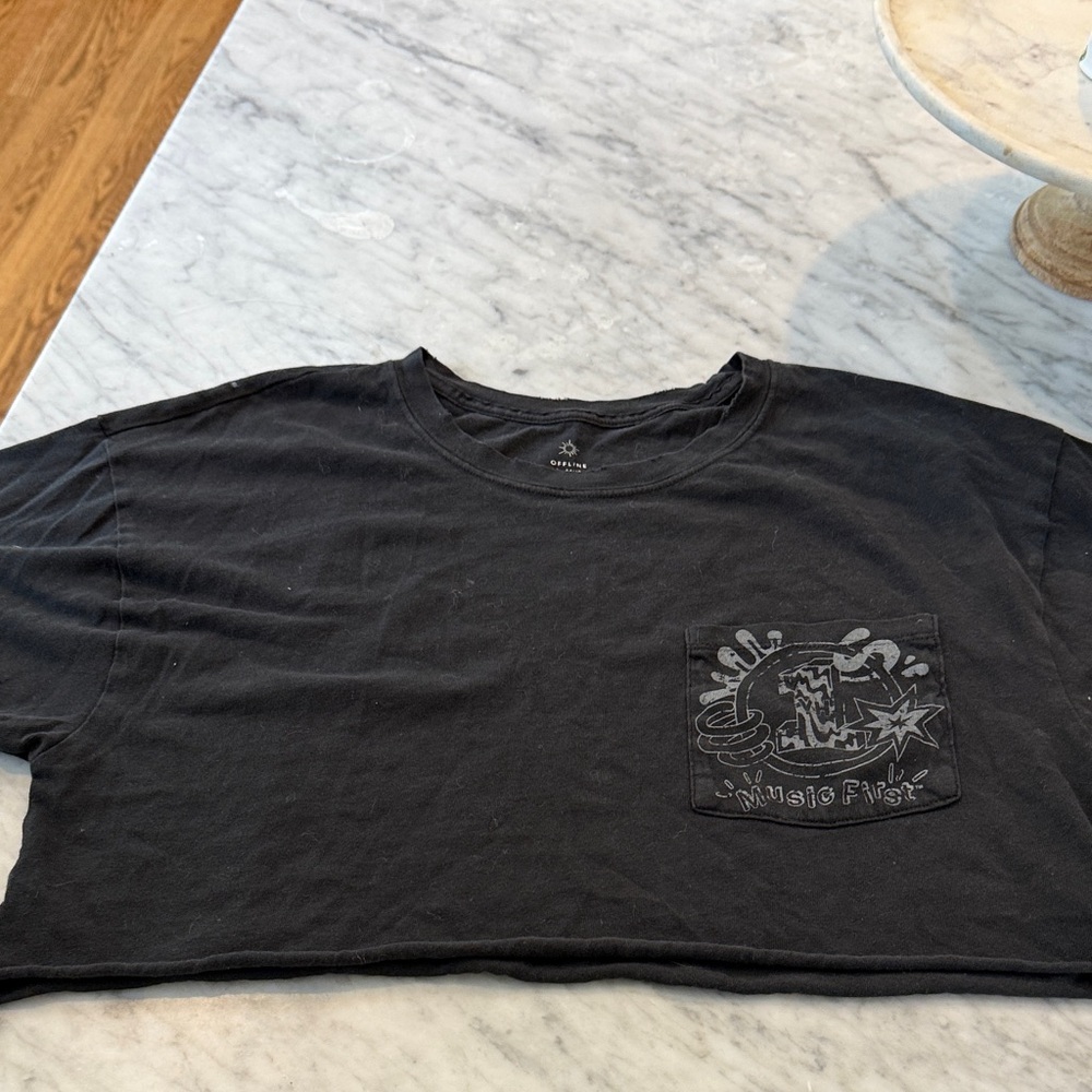Offline Black Graphic Crop Top with pocket